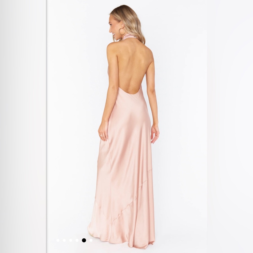 Show Me Your Mumu Jasmine Halter Maxi Dress Rose Gold Luxe Satin
